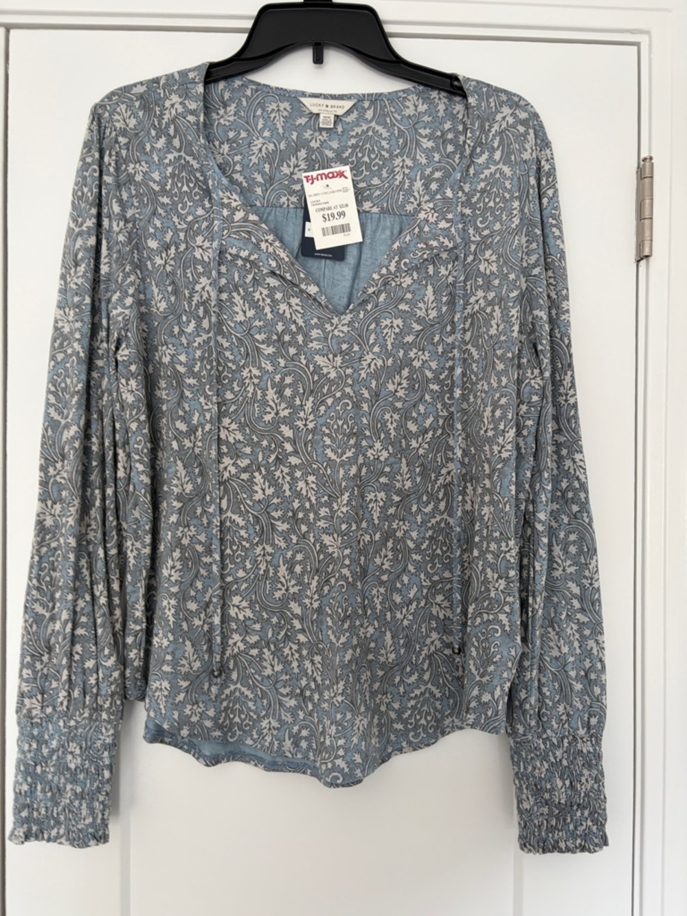 Lucky Brand Blue and Cream Paisley V-Neck Long Sleeve Blouse